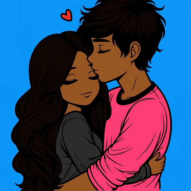 a realistic couple boy and girl hugging and kissing