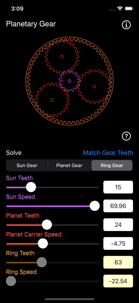 Interfaz de la aplicación Calculadora de Engranajes Planetarios mostrando una simulación visual de engranajes y deslizadores para ajustar el recuento de dientes y la velocidad