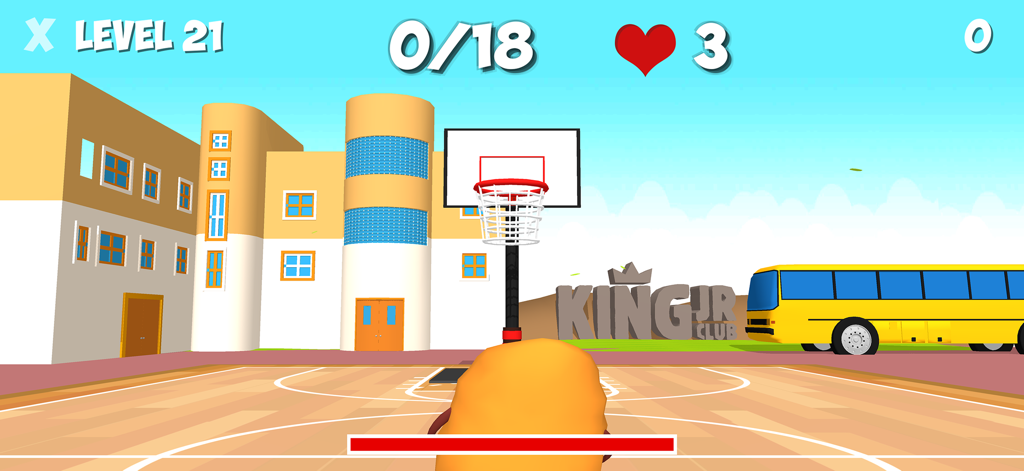 Una pantalla de minijuego de baloncesto en la aplicación Burger King Jr Club con una cancha de baloncesto escolar y progreso de nivel.