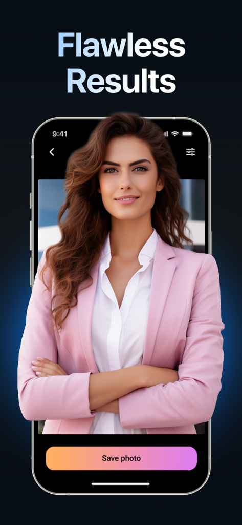 Professional AI generated headshot of a woman in a pink blazer on a smartphone screen