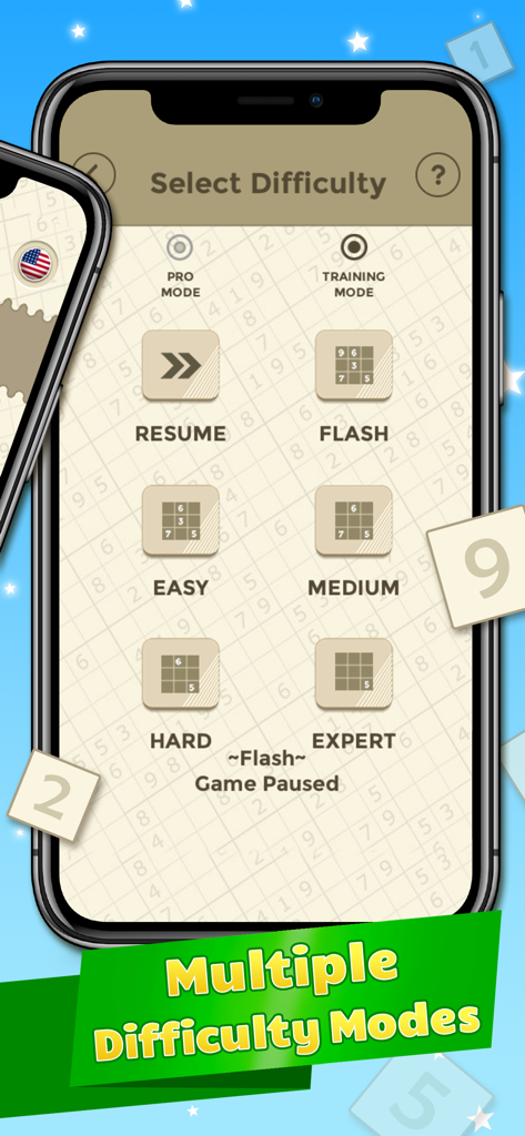 Sudoku IQ - Train your Brain - Sudoku IQ app difficulty selection screen with modes ranging from training to expert