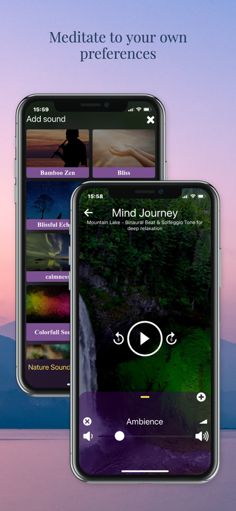 Capturas de pantalla de la aplicación MYditation que muestran opciones de personalización de sonido y una pantalla de reproducción de meditación con ritmos binaurales
