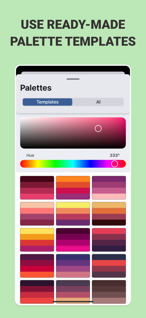 The Color and Palettes app interface showcasing a grid of ready-made color palette templates and a hue selection tool.