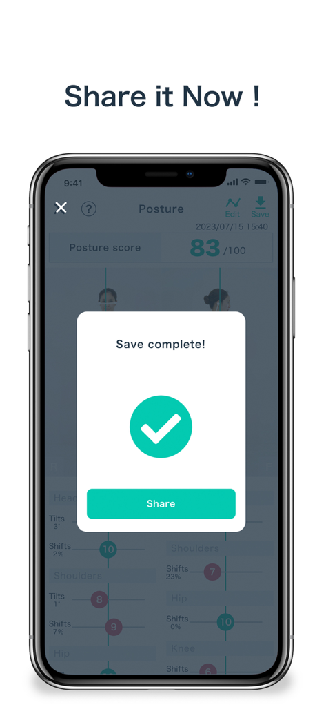 AI posture/BODY Alignment - Uma tela móvel do aplicativo de postura por IA mostrando uma mensagem de salvamento concluído e opção de compartilhamento
