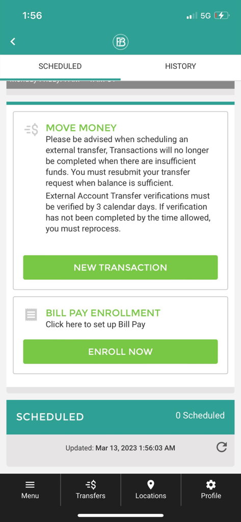 Interface do aplicativo móvel FFB Bank mostrando opções para transferências de dinheiro e registro de pagamento de contas