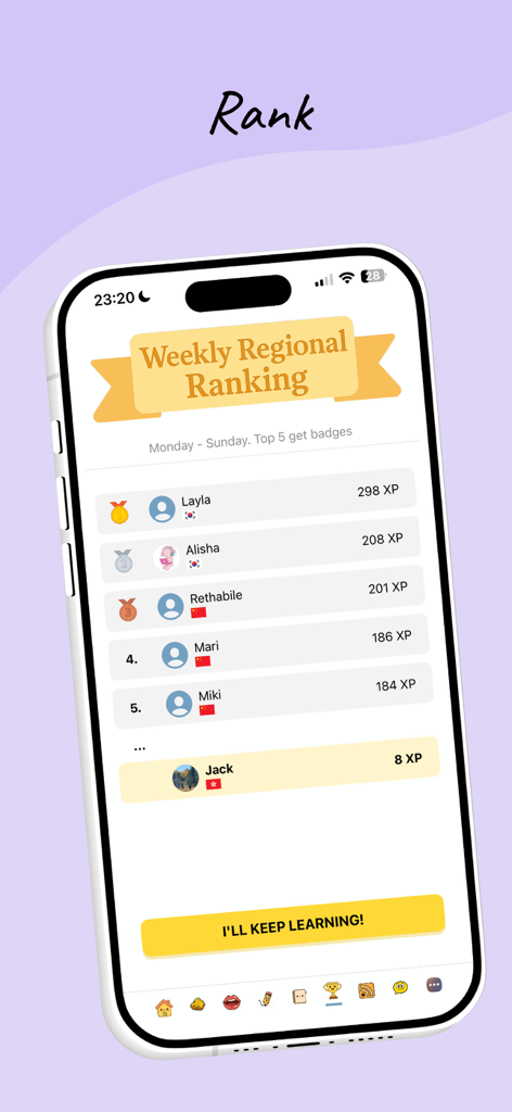 TalkHere - Language Learning - Weekly regional ranking leaderboard in the TalkHere language learning app showing user XP and rankings.