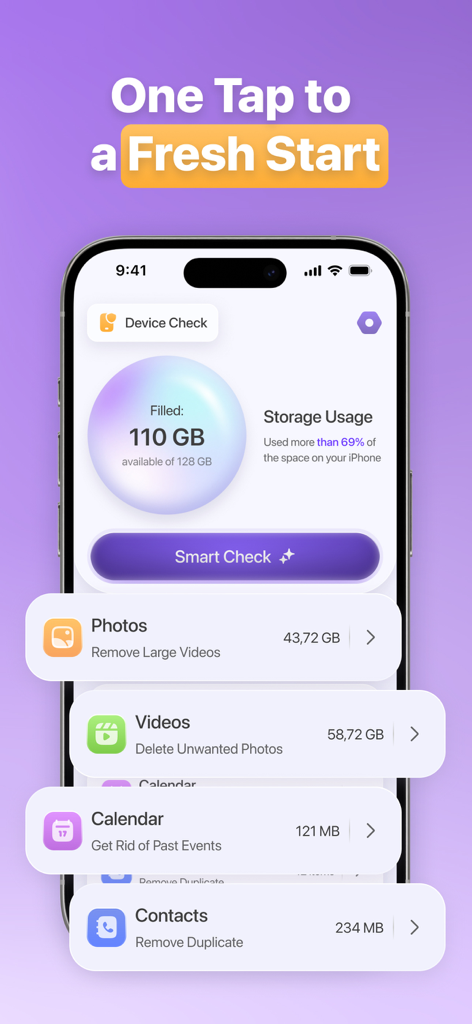 Dashboard of Memorra Cleaner app displaying device storage usage and cleaning options.