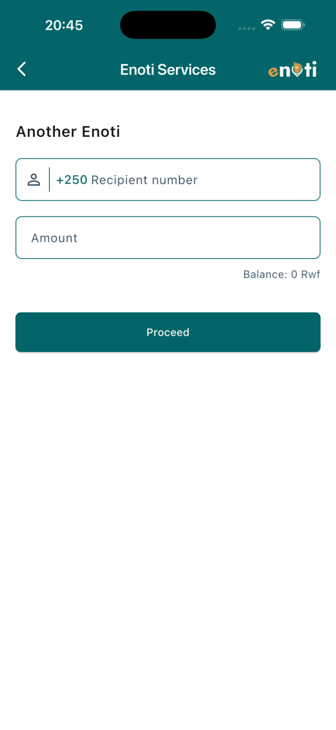 Enoti app user interface for sending money with recipient number and amount input fields