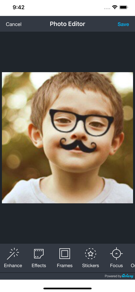 Aviary: Photo Editor, Airbrush - Aviary photo editor interface showing glasses and mustache stickers on a child photo