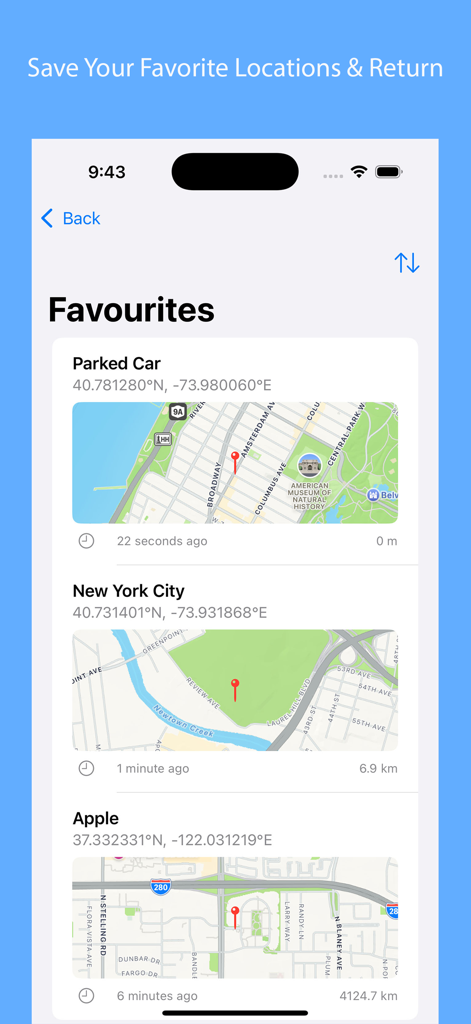 Global Locator - Global Locator app screen displaying a list of saved favorite locations with GPS coordinates and mini maps.