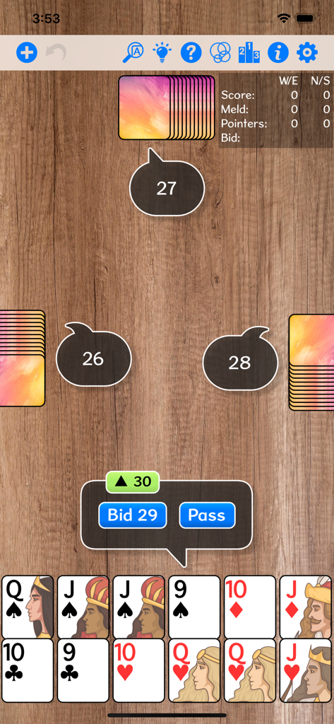 Pinochle+ - ピノクルプラスカードゲームの入札画面。プレイヤーのオプションとAI対戦相手が木製の背景に表示されています。