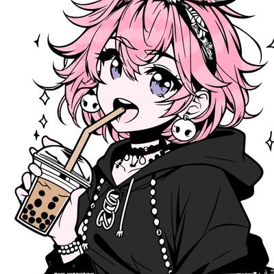 hot baddie anime girl drinking boba and biting the straw