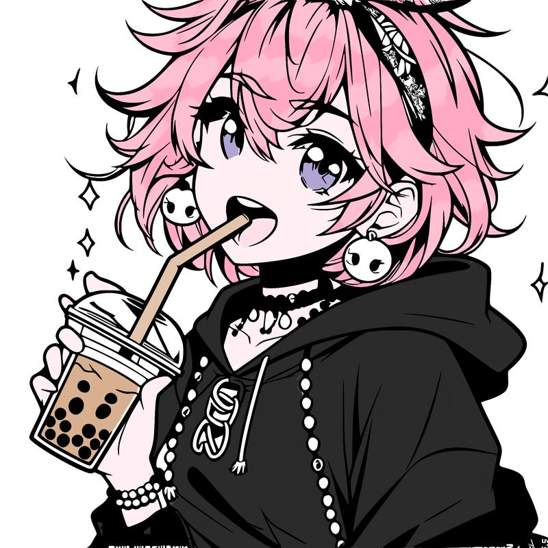 hot baddie anime girl drinking boba and biting the straw