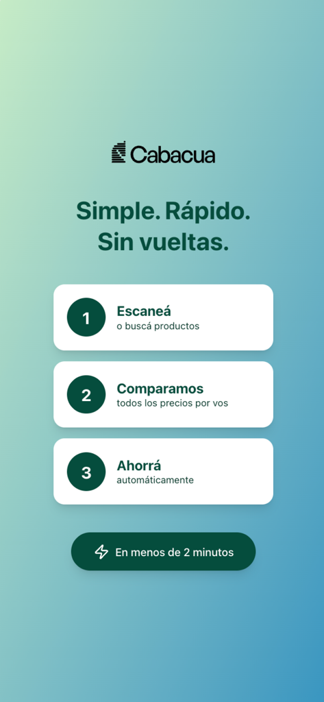 Cabacua - Riepilogo dei tre passaggi per risparmiare sulla spesa con l'app Cabacua: scansiona, confronta i prezzi e risparmia automaticamente.