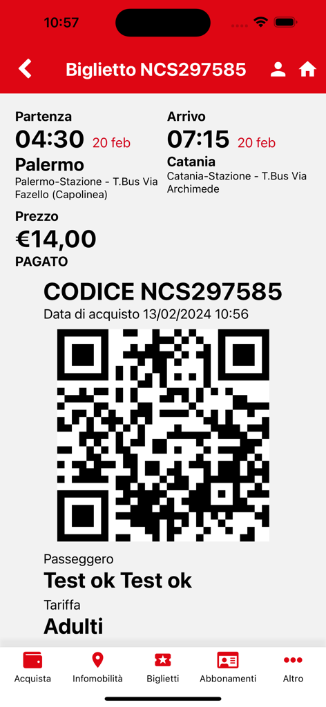 Sais Autolinee - Un biglietto dell'autobus digitale sull'app Sais Autolinee che mostra un codice QR per un viaggio da Palermo a Catania