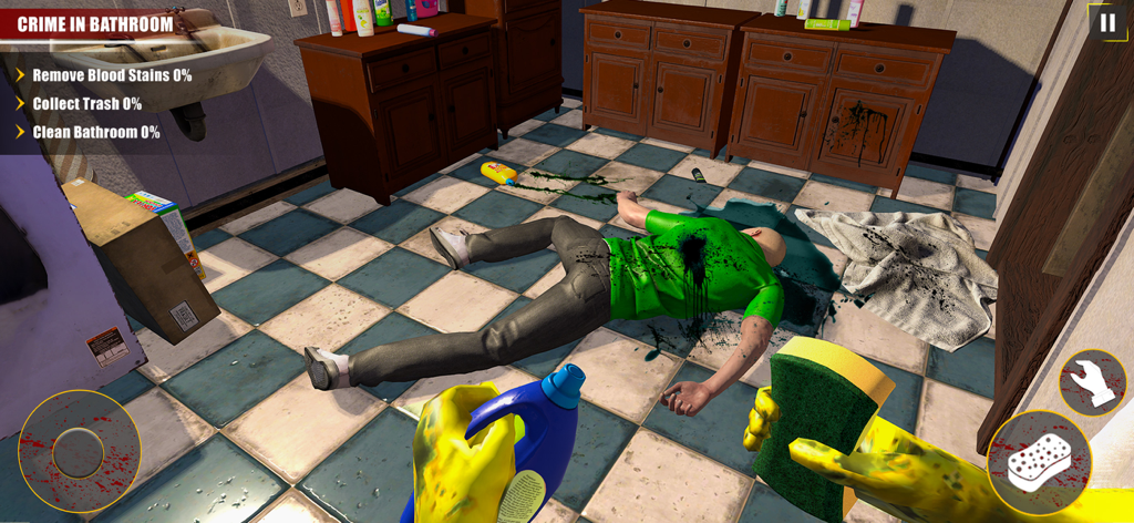 Criminal Scene Cleaner Game - Vista en primera persona de la limpieza de una escena del crimen en un baño con una esponja y detergente