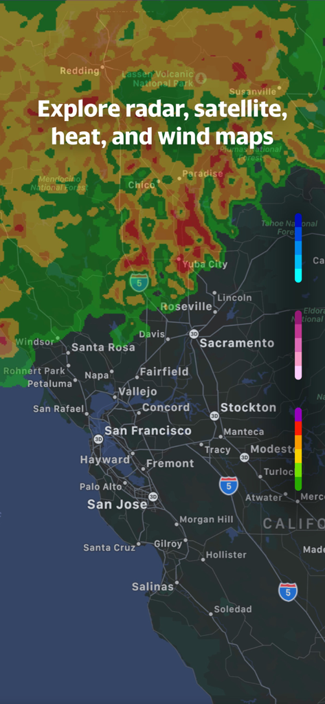 Yahoo Weather - An interactive color coded weather radar map of Northern California in the Yahoo Weather app