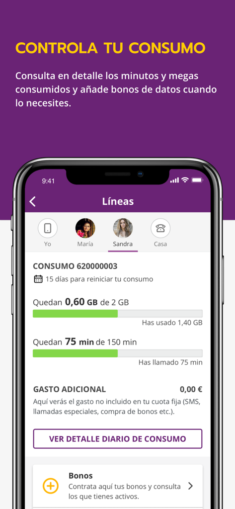 Llamaya mobile app screen showing real-time data and minutes consumption for multiple phone lines.