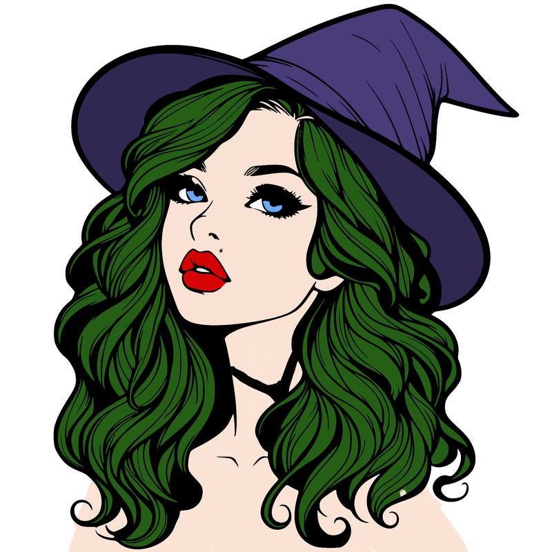 realistic witch girl with wavy hair and lips