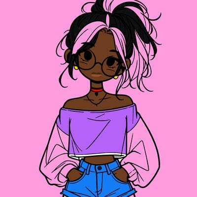 girl with a messy ponytail glasses a baggy crop top and jean shorts