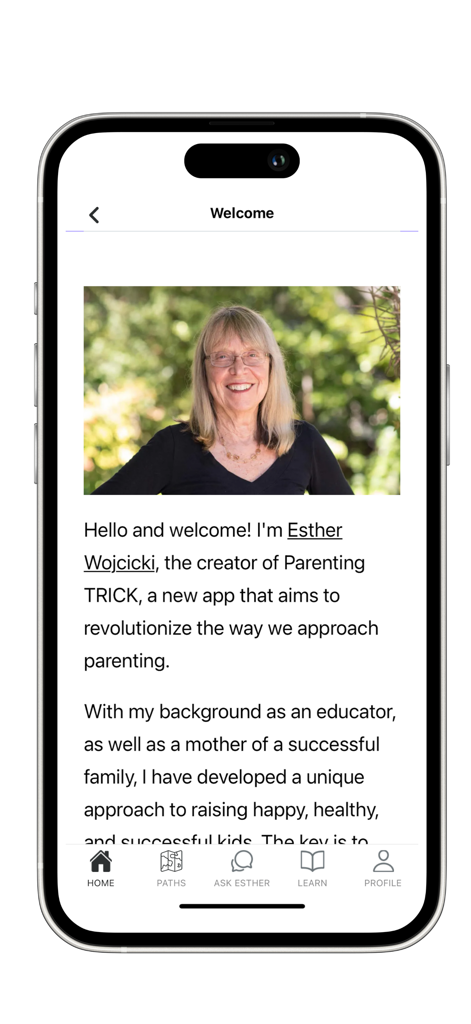 Parenting TRICK - Welcome screen of the Parenting TRICK app featuring Esther Wojcicki