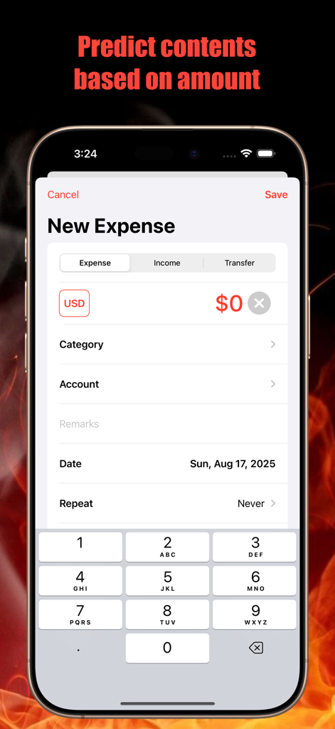 Buckmemo - Buckmemo app screen showing manual expense entry with amount based prediction feature