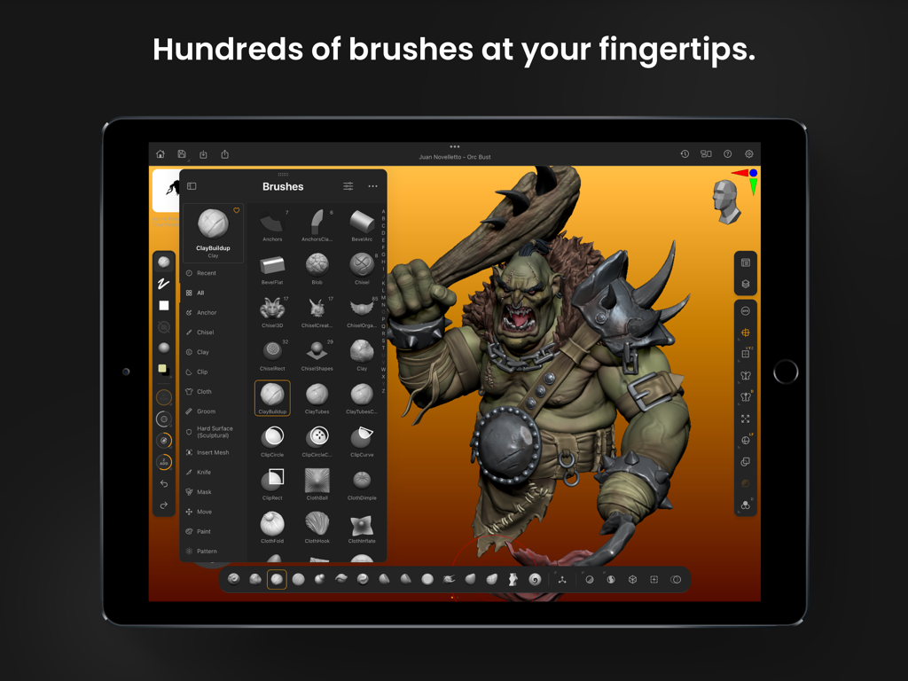 Interface do ZBrush para iPad exibindo uma escultura detalhada de um personagem orc 3D e um menu com vários pincéis de escultura profissionais