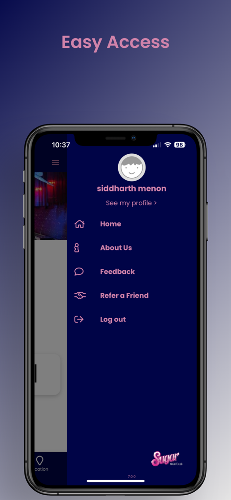 Club Sugar - Club Sugar app navigation menu screen displaying user profile and access links