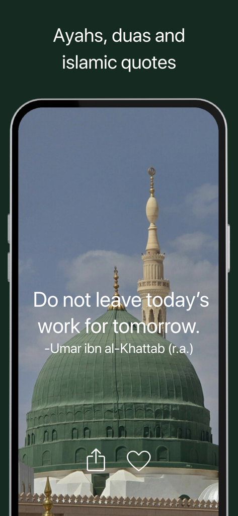 A mobile app interface displaying an Islamic quote by Umar ibn al-Khattab over a photo of a mosque dome and minaret.