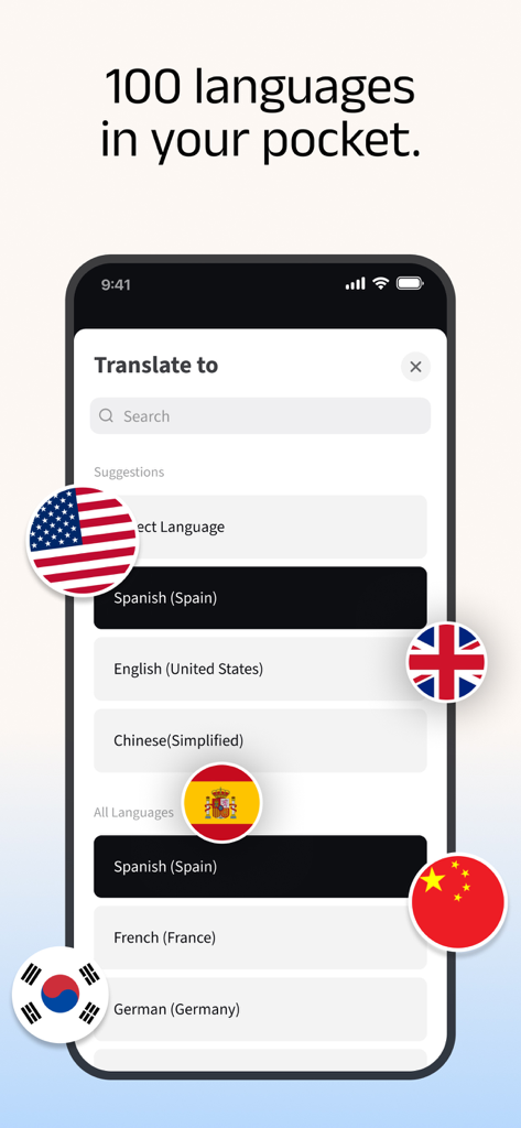 Owll Translator app interface showing a list of over 100 supported languages with national flags