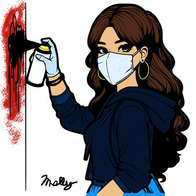 realistic girl with mask spray painting a wall