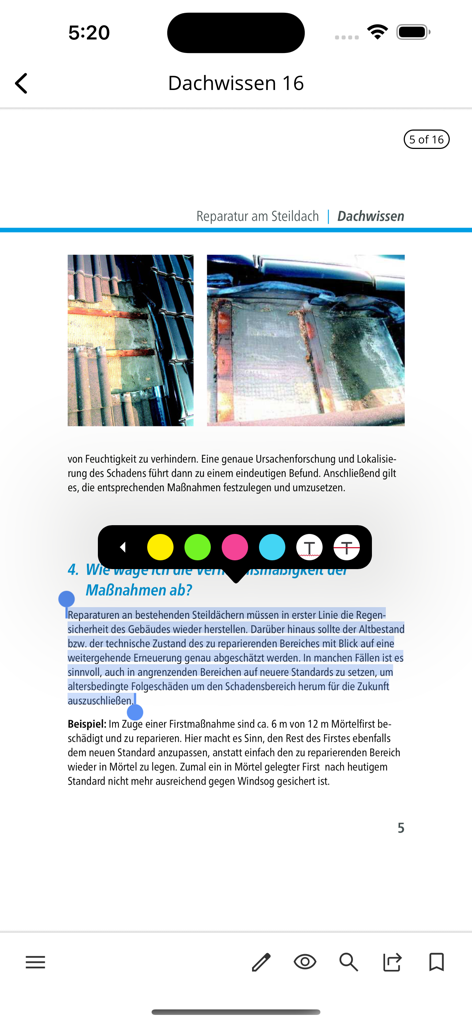 DDH - Technical roofing manual in the DDH app with text highlighting and annotation features