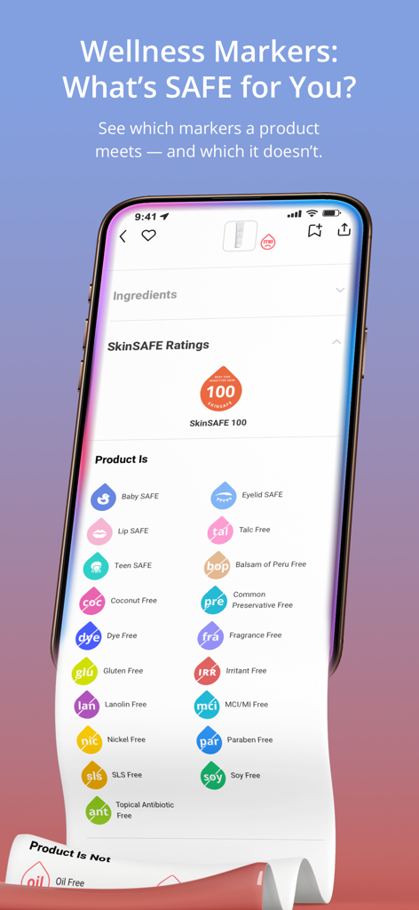 SkinSAFE: AI Skincare Scanner - SkinSAFE app screen showing various wellness markers and allergen filters for skincare safety