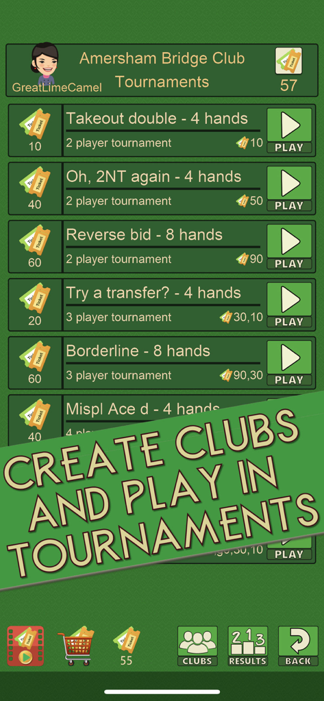 Bridge V+, bridge card game - Un menú para torneos de Bridge V plus con opciones para crear y unirse a clubes de bridge.