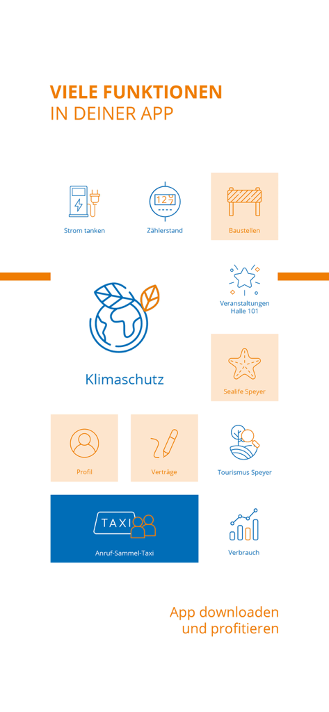 Mein Speyer - A menu display showing various icons for the Mein Speyer app features including EV charging meter reading and local events