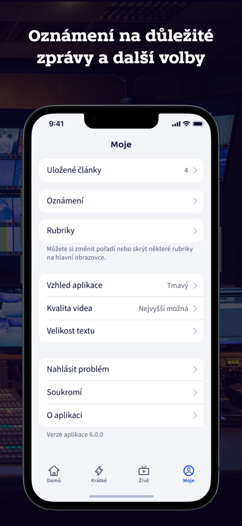 ČT24 - User settings screen of the CT24 news app showing personalization options for notifications and app appearance.