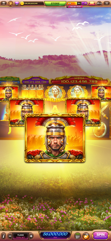 Caesars Slots - Casino Games - Jogabilidade do aplicativo mobile Caesars Slots apresentando uma máquina de slot com tema de centurião romano.