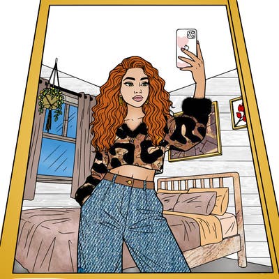 mixed race girl long curly hair posing with iphone in mirror close up  in bedroom cool girl aesthetic