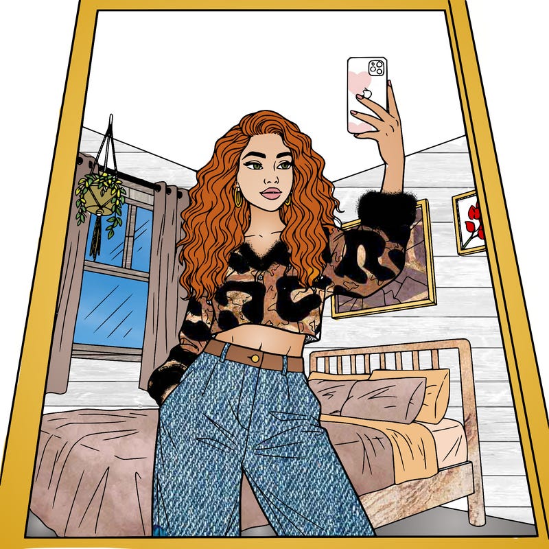 mixed race girl long curly hair posing with iphone in mirror close up  in bedroom cool girl aesthetic