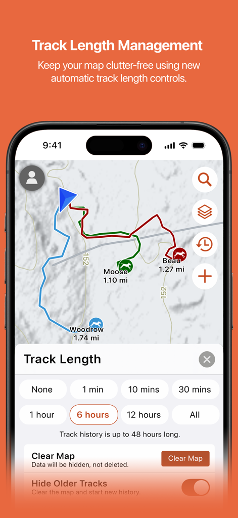 Garmin Alpha - Interface de l'application Garmin Alpha montrant les parcours de suivi des chiens sur une carte topographique avec des commandes de gestion de la longueur des parcours