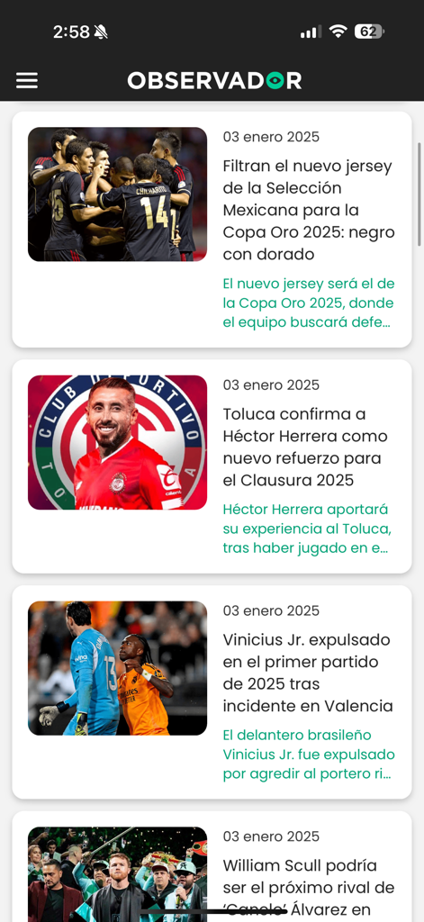 Interfaz de noticias deportivas de la app Observador con artículos sobre fútbol mexicano y deportes internacionales