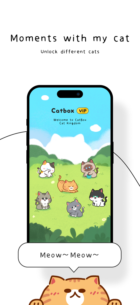 Cat Flow - Kitty Focus Timer - Screenshot of the Cat Flow app showing multiple cute cats that can be unlocked in a cozy virtual field.