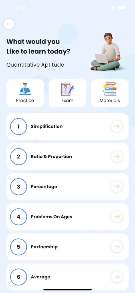 Learners Academy - Learners Academy app interface showing Quantitative Aptitude course topics and options for practice, exams, and materials.