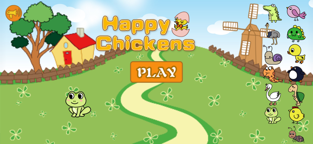 Menú principal del juego móvil Gallinas Felices mostrando una granja de dibujos animados con adorables animales y un botón de jugar.