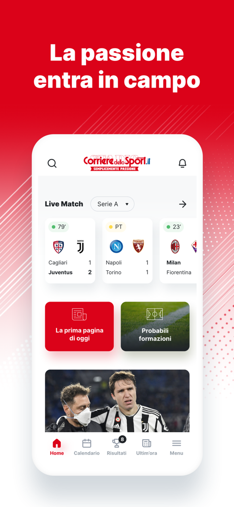 Pantalla de inicio de la app Corriere dello Sport mostrando resultados de fútbol de la Serie A y actualizaciones de noticias en vivo.