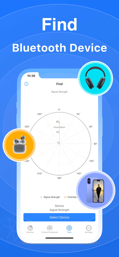 BlueTools Bluetooth Assistant - Radar chart interface for finding bluetooth devices by signal strength and orientation