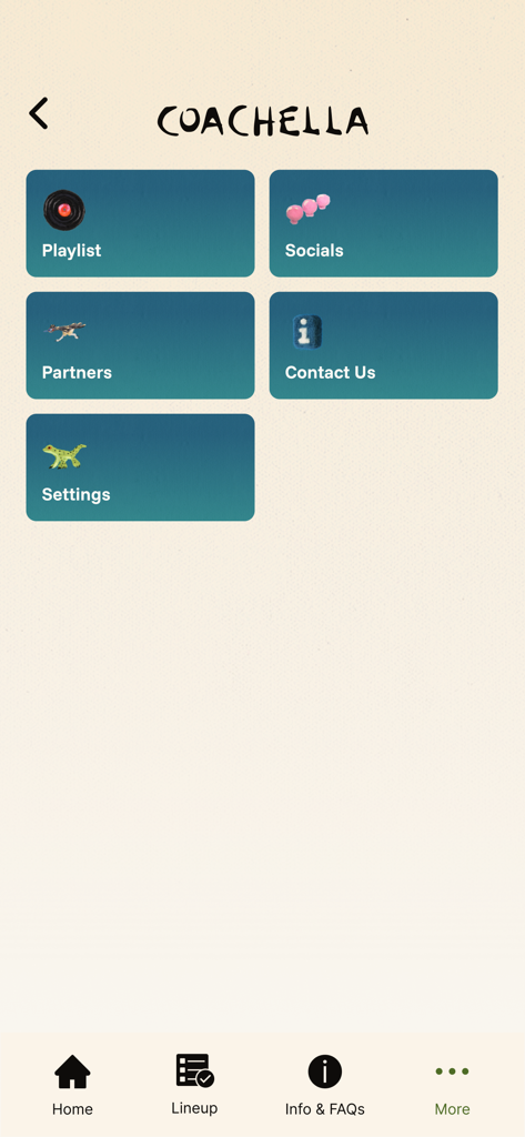 L'écran du menu plus de l'application officielle Coachella présentant des boutons pour les playlists, les réseaux sociaux, les partenaires, le contact et les paramètres.