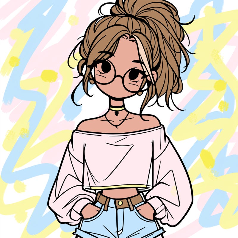 girl with a messy ponytail glasses a baggy crop top and jean shorts