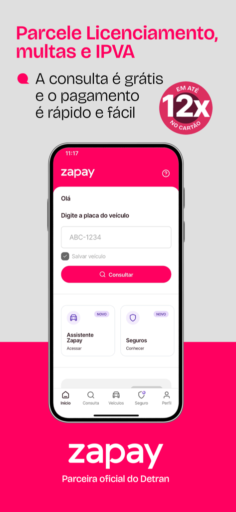 Zapay mobile app interface showing vehicle license plate search for Brazilian IPVA and licensing taxes