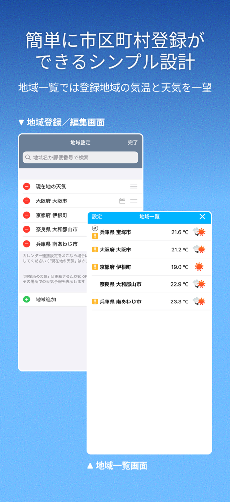 そら案内 - 日本の複数の都市の天気予報を管理・表示するそら案内アプリのインターフェース
